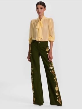 Alice + Olivia Olive Green Wide-Leg Floral Embroidered Trousers
